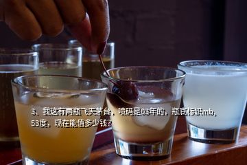 3、我這有兩瓶飛天茅臺(tái)，噴碼是03年的，瓶底標(biāo)識(shí)mb,53度，現(xiàn)在能值多少錢？